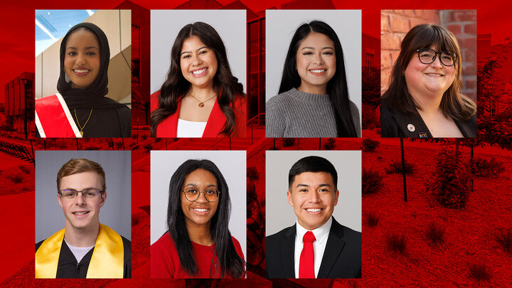 background photo with red overlay, portrait images of 7 students