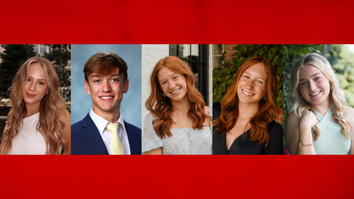 red background with portrait images of Katelyn Dougherty, Silas Olson, Alyson Price, Elayne Price and Maggie Reisbig