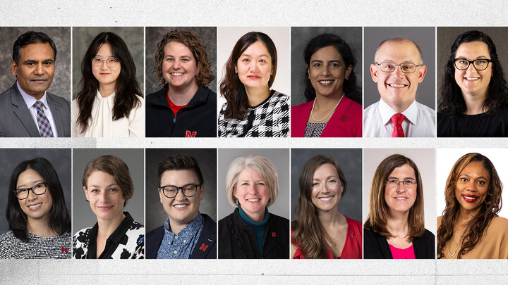 gray textured background with portrait photos of the 14 award recipients