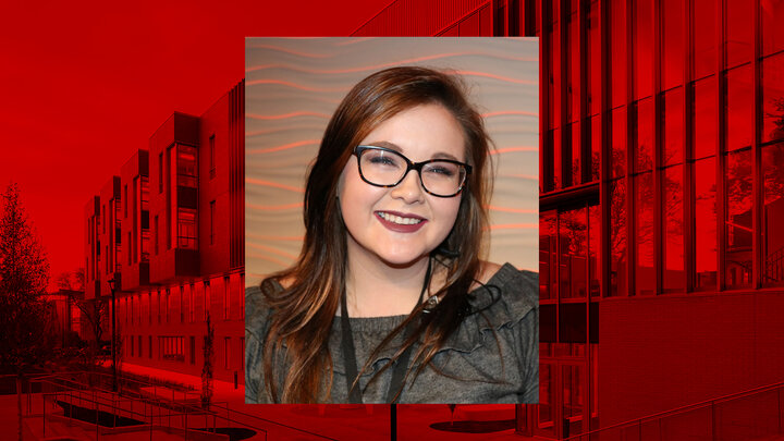 background image of Carolyn Pope Edwards Hall with red overlay, headshot of Madison Woltemath centered