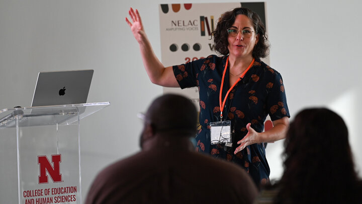 Lauren Gatti speaks during the NELAC conference at Carolyn Pope Edwards Hall (photo courtesy of Sydney Jensen)