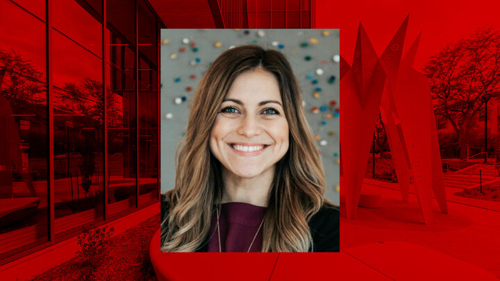 Crystal Garcia headshot centered on background image with red overlay of sculpture outside Carolyn Pope Edwards Hall