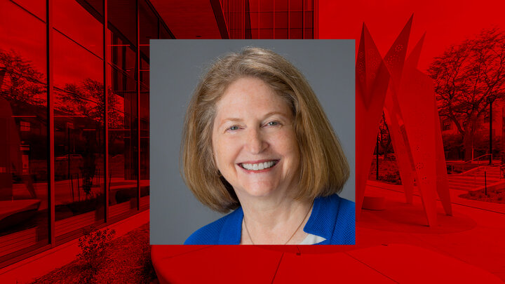 Beth Doll portrait centered on background image of sculpture and exterior of Carolyn Pope Edwards Hall with red overlay