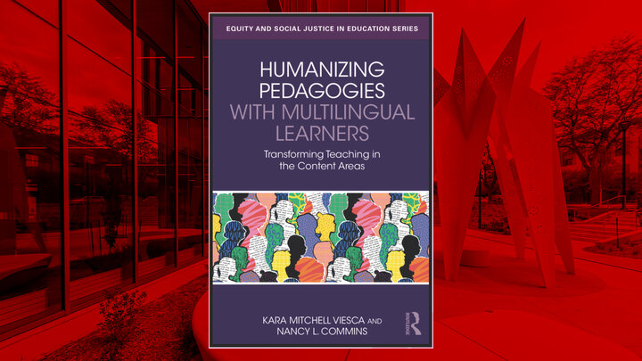 background image with red overlay of Carolyn Pope Edwards Hall main entrance with sculpture outside; image of book cover centered on background