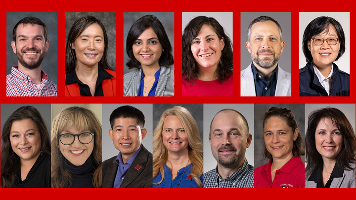 red background with portrait images of Kevin Pitt, Weiwen Chai, Dipti Dev, Lauren Gatti, Deryl Hatch-Tocaimaza, Soo-Young Hong, Amanda Morales, Mardi Schmeichel, Jiangang Xia, Sarah Hortman, Corey Rumann, Stephanie Bondi, Kathy Wesley