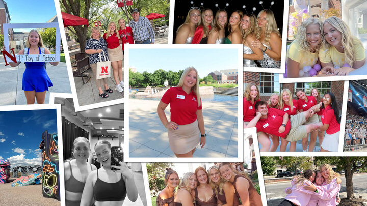 Collage of photos and portraits featuring Kalli Bridge in various settings, smiling and enjoying moments.