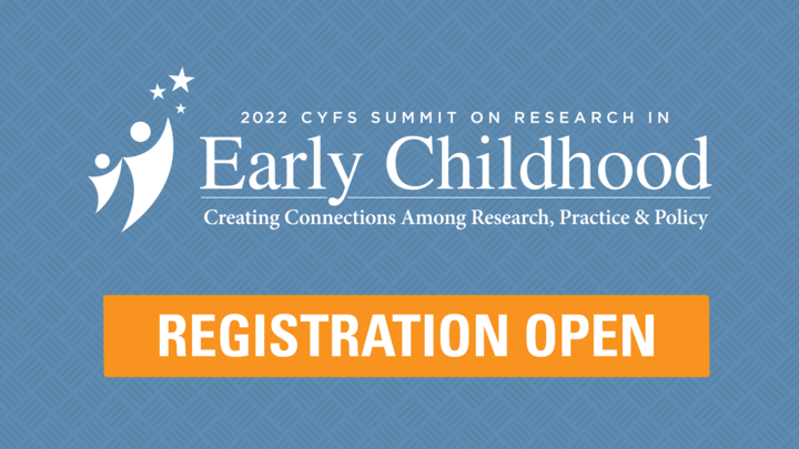 Light blue graphic promoting registration for Early Childhood Research Summit