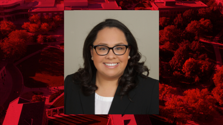 Professional headshot of Elvira Abrica on a red background.