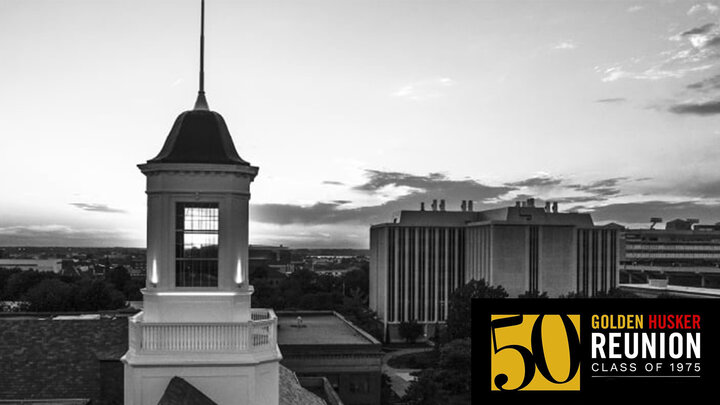 Golden Reunion logo and BW campus photo