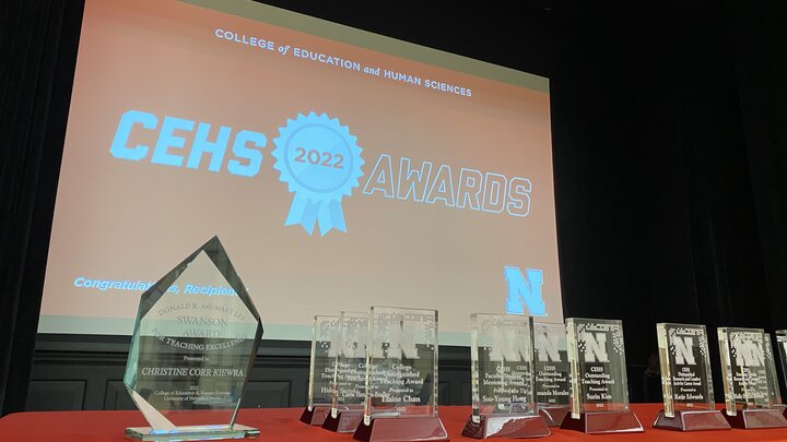 Several glass awards in front of a large red screen. 