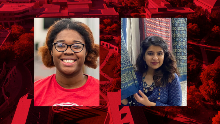 Headshots of Ma'Kiya Carter and Ritu Jadwani on a red background. 