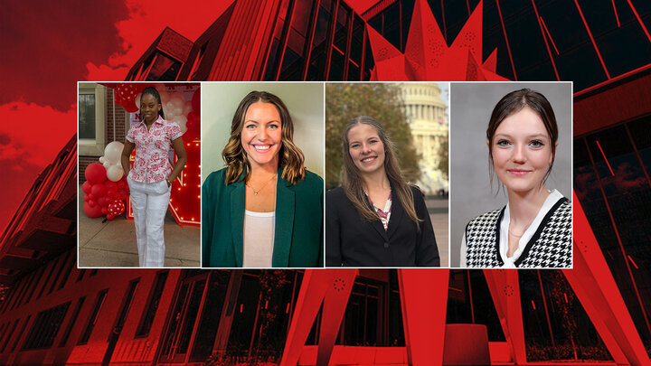 A collage of four portraits over a red-toned building background. First student stands with hands in pockets in front of red and white husker balloons, second student with mid length hair in hunter green blazer, third student stands in front of US capital in black blazer, fourth student with hair pulled back smiles in black and white houndstooth vest.