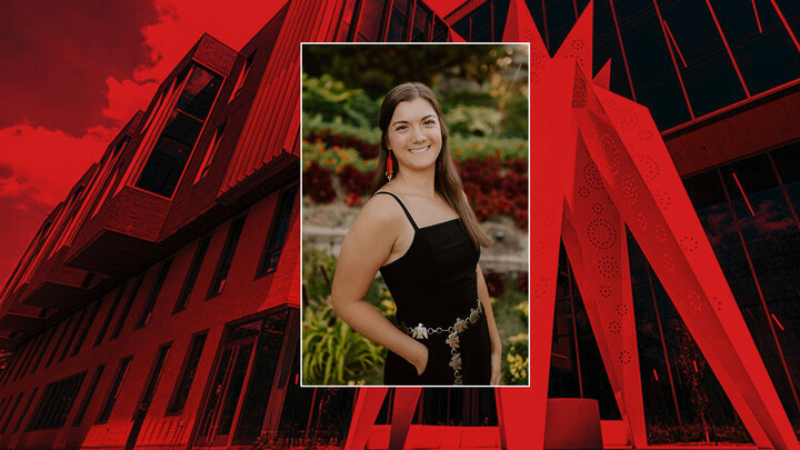 Young woman in a black dress outdoors, overlayed on a red-toned architectural background.