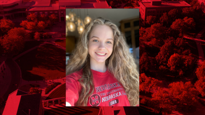 Selfie of Payton Grove wearing a red Nebraska t-shirt. 