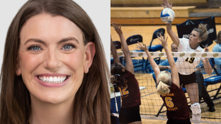 Smiling woman on left; volleyball player spiking ball past defenders on right.