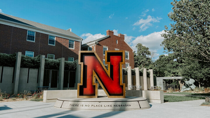 Red N sculpture outside of the Wick Center where the Nebraska Alumni Association is officed.