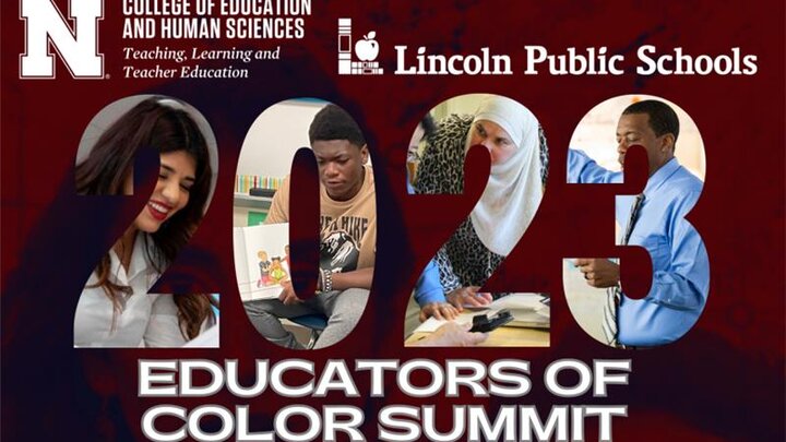 Dark red graphic displaying the CEHS and LPS logos. Photos of educators shaped into 2023. Text reads Educators of Color Summit, November 2 - 4.