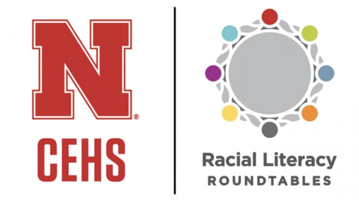 Graphic with a red CEHS logo next to a round and colorful Racial Literacy Roundtables logo. 