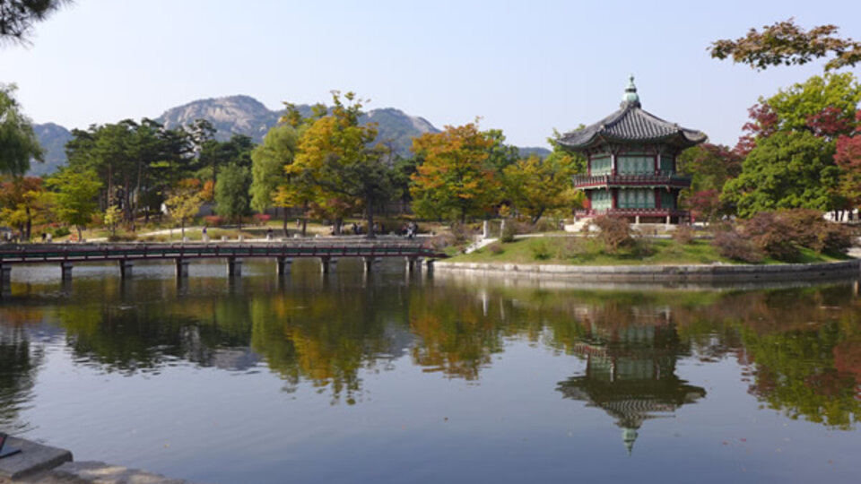 Scene from Japan, Lake with traditional house.