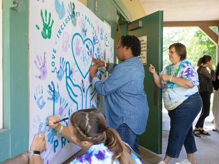 Creating handprint poster.