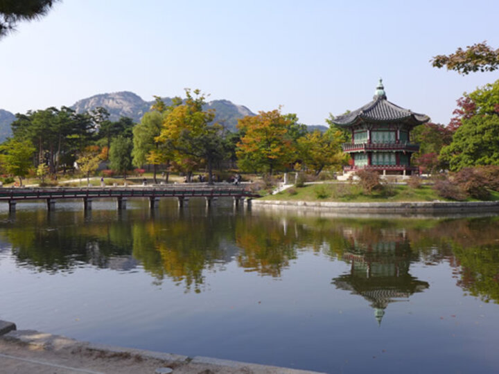 Scene from Japan, Lake with traditional house.