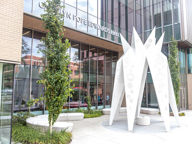 west entrance of Carolyn Pope Edwards hall with large lotus sculpture outside