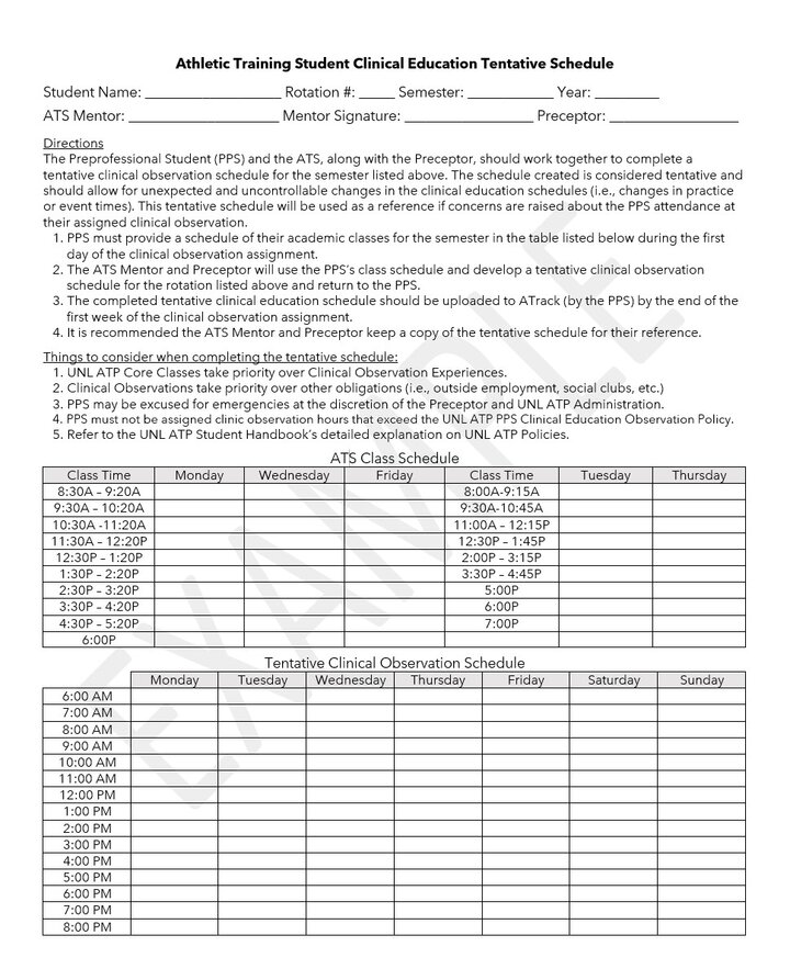 Athletic Training Student Clinical Education Tentative Schedule