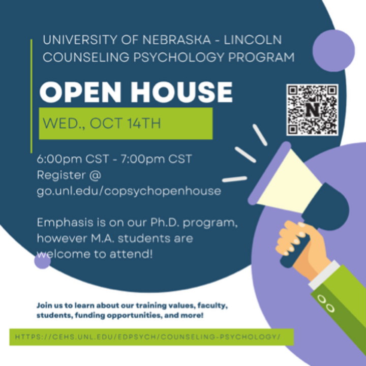 Counseling psychology open house announcement with event details and registration QR code.