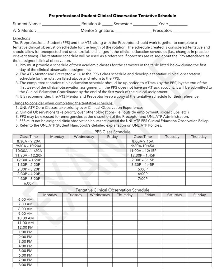 Preprofessional Student Clinical Observation Tentative Schedule