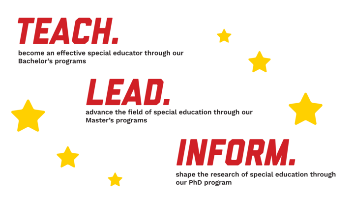 Teach, Lead, Inform text with yellow stars, promoting special education programs.