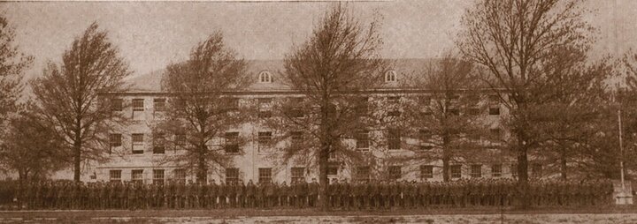 Army recruits in formation outside of the Food and Nutrition building, 1943