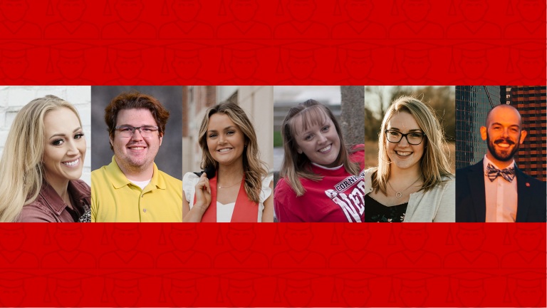 headshots of Elisha Friesen, Terrence Gude, Carly Johnson, Elena Kernes, Ashley Svik and Ted Walters on red background with graduate icons pattern